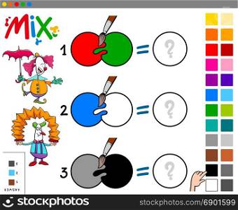 Cartoon Illustration of Mixing Colors Educational Game for Children with Funny Clown Characters