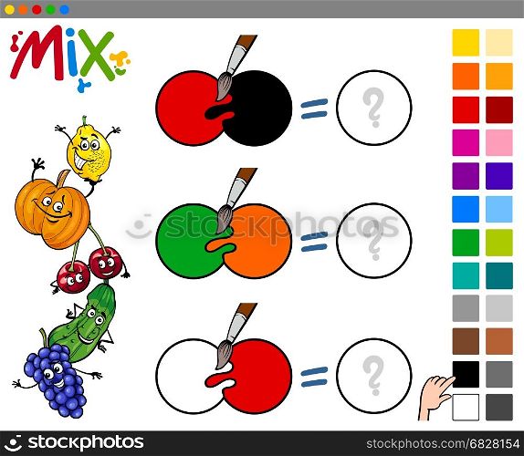 Cartoon Illustration of Mixing Colors Educational Game for Kids