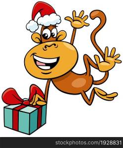 Cartoon illustration of monkey animal character with present on Christmas time