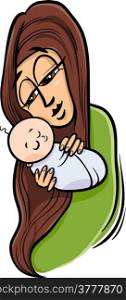 Cartoon Illustration of Mother with her Cute Baby
