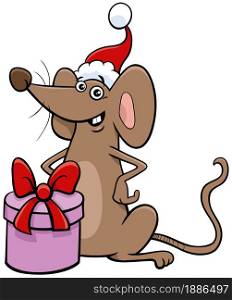 Cartoon illustration of mouse animal character with present on Christmas time
