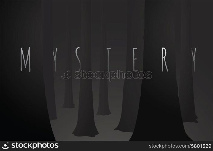 Cartoon illustration of mystery word merging to trees over dark woods