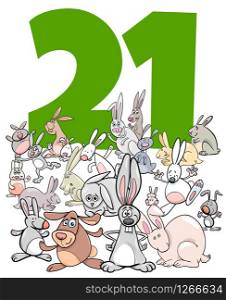 Cartoon Illustration of Number Twenty One with Funny Rabbits Animal Characters Group