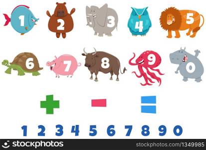 Cartoon Illustration of Numbers Set from One to Nine with Funny Animal Characters