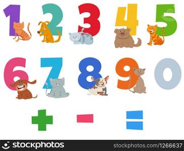 Cartoon Illustration of Numbers Set from One to Nine with Happy Cats and Dogs Animal Characters