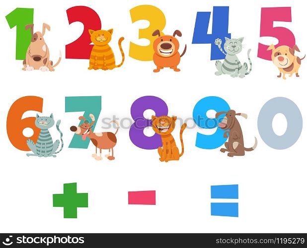 Cartoon Illustration of Numbers Set from Zero to Nine with Happy Cats and Dogs Pet Animal Characters