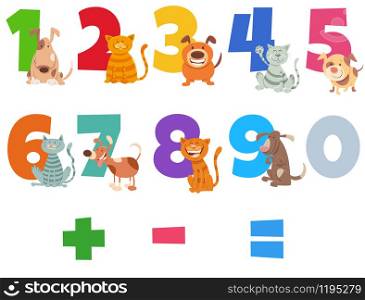 Cartoon Illustration of Numbers Set from Zero to Nine with Happy Cats and Dogs Pet Animal Characters