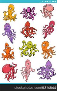 Cartoon Illustration of octopus marine animal characters set