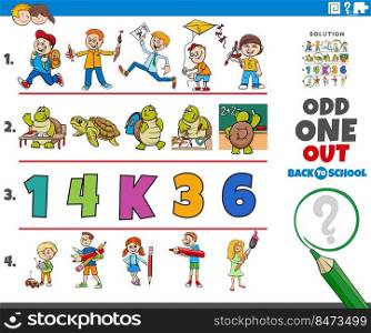 Cartoon illustration of odd one out picture in a row educational activity for children with comic characters