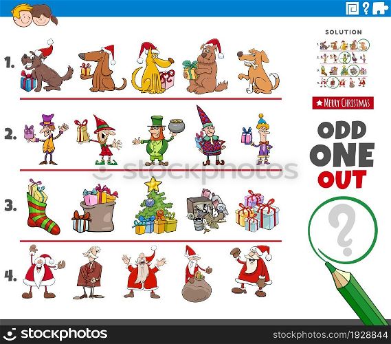 Cartoon illustration of odd one out picture in a row educational game for children with Christmas holiday characters and objects