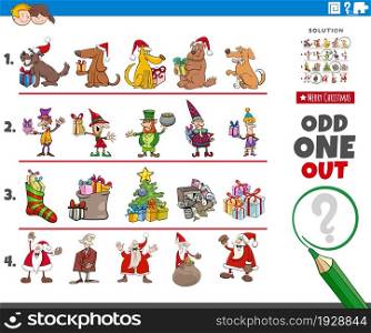 Cartoon illustration of odd one out picture in a row educational game for children with Christmas holiday characters and objects