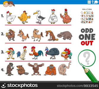 Cartoon illustration of odd one out picture in a row educational game for elementary age or preschool children with animal characters