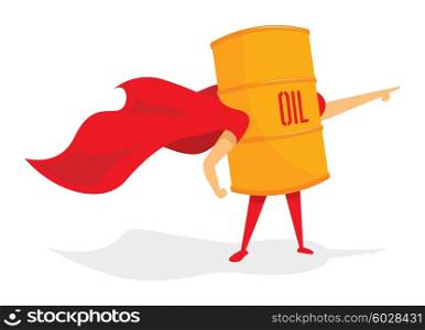 Cartoon illustration of oil barrel with cape as super hero