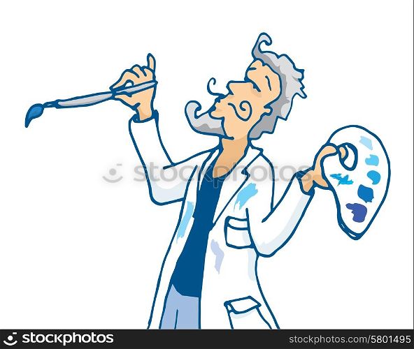 Cartoon illustration of painting artist in action holding paintbrush and palette