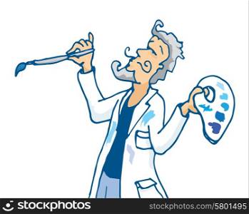 Cartoon illustration of painting artist in action holding paintbrush and palette