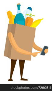 Cartoon illustration of paper bag with groceries using mobile phone