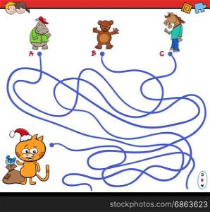 Cartoon Illustration of Paths or Maze Puzzle Activity Game with Animal Characters on Christmas Time