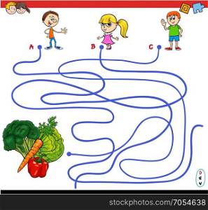 Cartoon Illustration of Paths or Maze Puzzle Activity Game with Children Characters and Healthy Vegetables