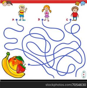 Cartoon Illustration of Paths or Maze Puzzle Activity Game with Children Characters and Juicy Fruits