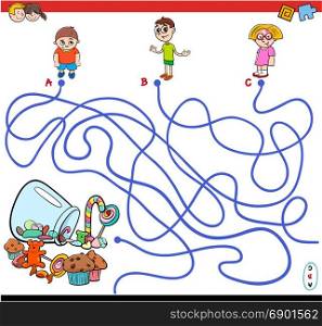 Cartoon Illustration of Paths or Maze Puzzle Activity Game with Children Characters and Sweet Food