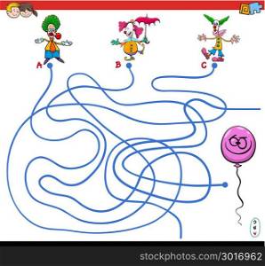 Cartoon Illustration of Paths or Maze Puzzle Activity Game with Clown Characters and Funny Balloon