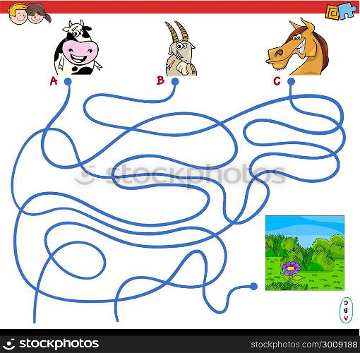 Cartoon Illustration of Paths or Maze Puzzle Activity Game with Farm Animal Characters and Meadow