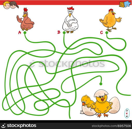 Cartoon Illustration of Paths or Maze Puzzle Activity Game with Hens and Chickens Farm Animal Characters. paths maze game with hens and chickens