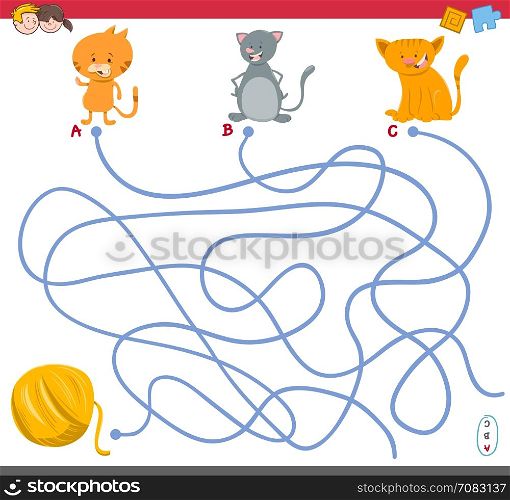 Cartoon Illustration of Paths or Maze Puzzle Activity Game with Kitten Characters and Wool Ball