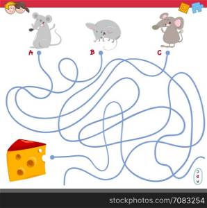 Cartoon Illustration of Paths or Maze Puzzle Activity Game with Mouse Characters