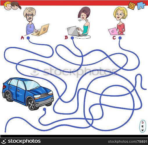 Cartoon Illustration of Paths or Maze Puzzle Activity Game with People with Laptops and Car