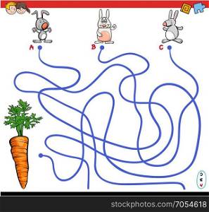 Cartoon Illustration of Paths or Maze Puzzle Activity Game with Rabbit Characters and Carrot