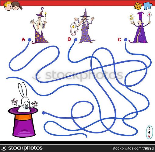 Cartoon Illustration of Paths or Maze Puzzle Activity Game with Wizard Characters and Rabbit in a Hat