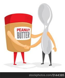 Cartoon illustration of peanut butter jar and spoon shaking hands