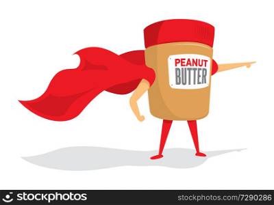 Cartoon illustration of peanut butter jar super hero saving the day