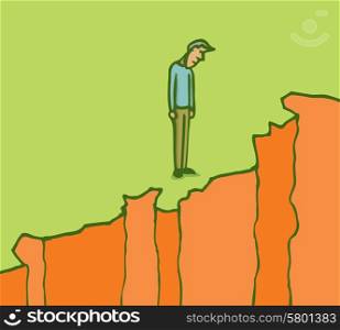 Cartoon illustration of pensive man looking down on the edge of a cliff