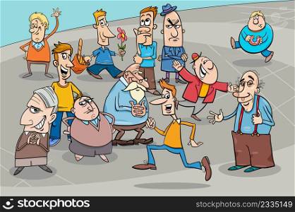 Cartoon illustration of people comic characters crowd on street in the city