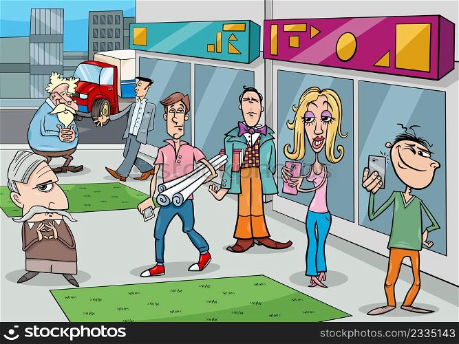 Cartoon illustration of people comic characters group on street in the city