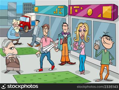 Cartoon illustration of people comic characters group on street in the city