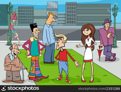 Cartoon illustration of people comic characters on street in the city
