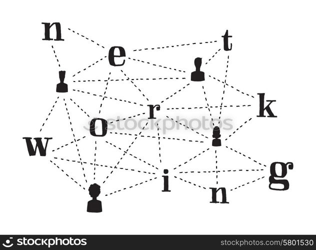 Cartoon illustration of people connecting and networking words