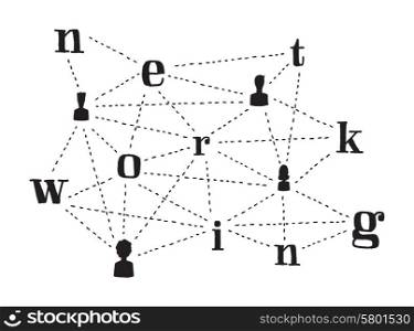 Cartoon illustration of people connecting and networking words