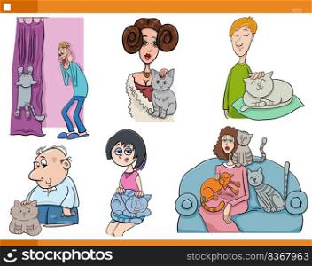 Cartoon illustration of people pet owners with their cats characters set