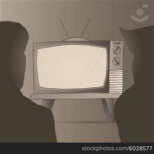 Cartoon illustration of people watching sepia vintage tv set