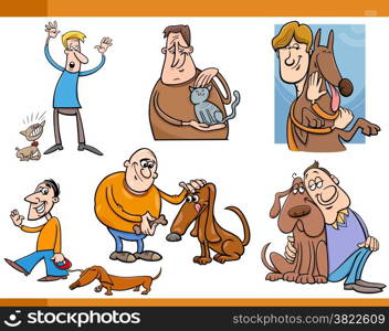 Cartoon Illustration of People with Pets Characters Set