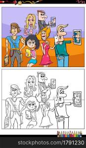 Cartoon illustration of people with smart phones talking or taking photos comic characters group coloring book page
