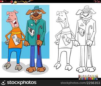 Cartoon illustration of pig and dog comic characters coloring book page