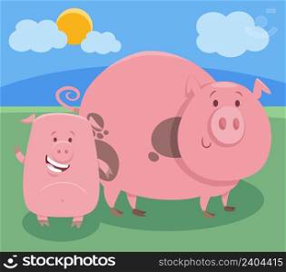 Cartoon illustration of pig farm animal character with cute little piglet