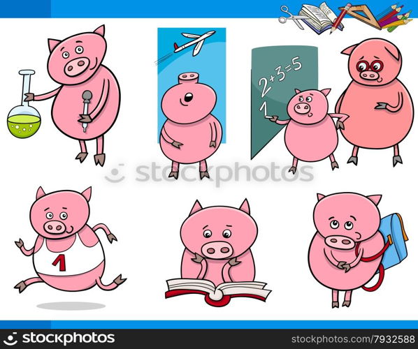 Cartoon Illustration of Piglet Animal Character School Student Set