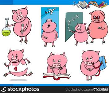Cartoon Illustration of Piglet Animal Character School Student Set