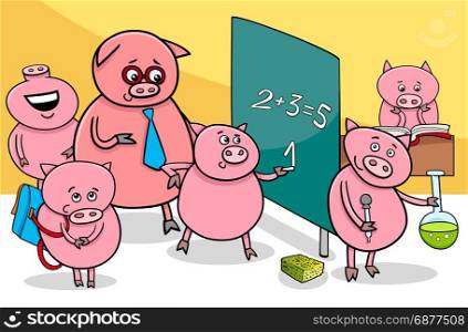 Cartoon Illustration of Piglet Animal Characters at School